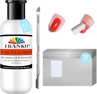 EBANKU Nail Polish Remover Kit, 120ML Professional Soak off Gel Remover with 50pcs Nail Foil and Tools for Nail Moisturizing & Care, Acrylic Dip Powder Nails Remover