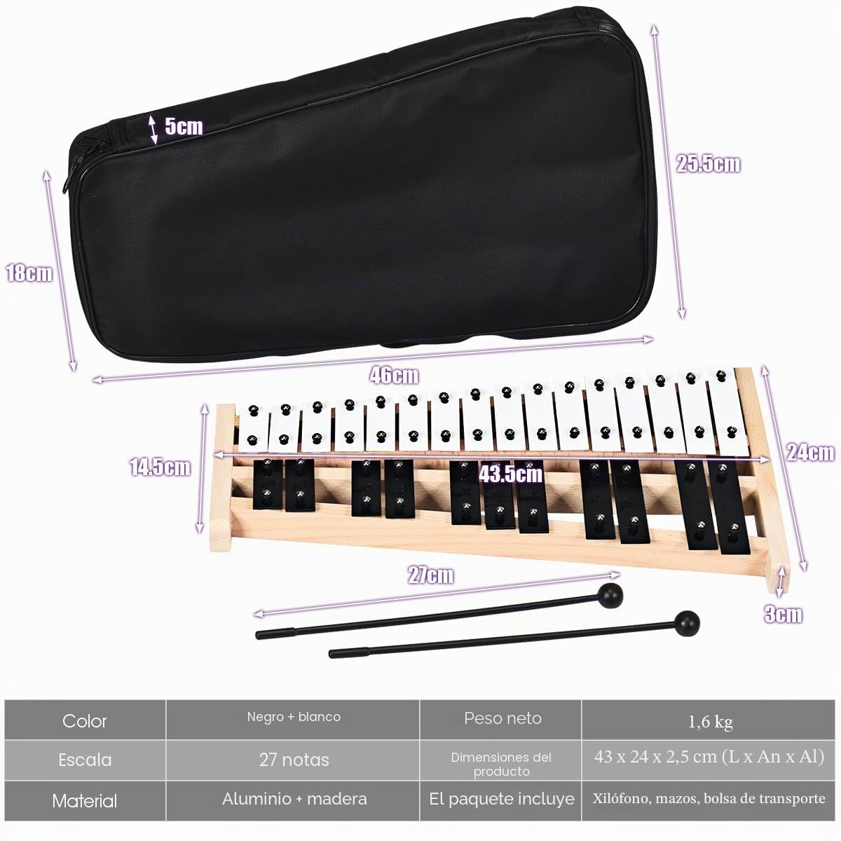 KOMFOTTEU Xilófono de 27 Notas, Glockenspiel con Teclas de Aluminio y Base de Madera, Instrumento de Percusión con 2 Mazos, Bolsa de Transporte, Carrillón para Niños y Adultos