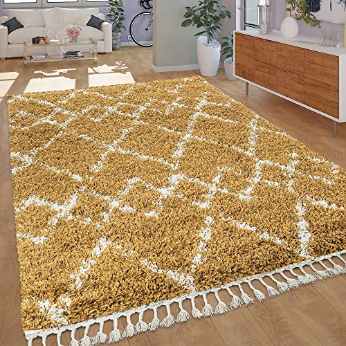 Alfombra Étnica Amarilla Pelo Largo Shaggy Rombos Estilo Bereber Resi
