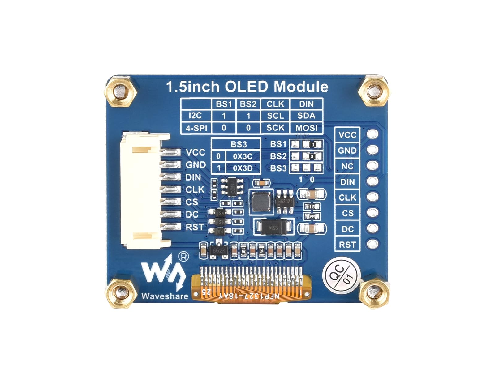 Waveshare 1,5 cala Moduł wyświetlacza OLED 128 x 128 pikseli 16-bit szary poziom z wbudowanym kontrolerem komunikacji przez SPI Złoty interfejs I2C