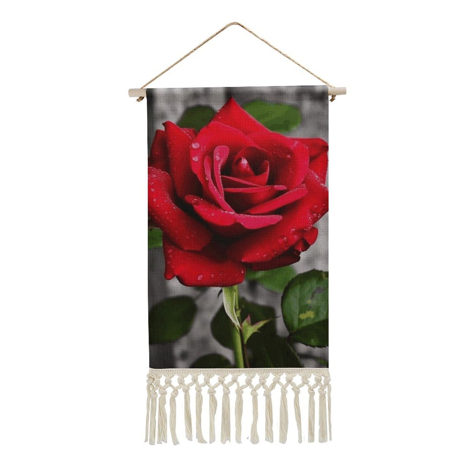 BTCOWZRV Cotton And Linen Hanging Poster with Tassels, Blooms Red Rose Wall Hanging Tapestry Vintage Wall Art Painting Modern Artwork Decoration for Home Decor Ready to Hang 10x19.6 in