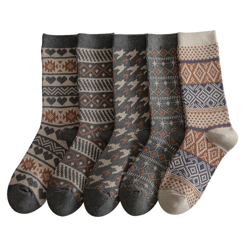 Women’s Fair Isle Crew Socks, 5 Pairs – Thick Cozy Cotton-Blend, Soft & Warm Gift Socks for Women print patterned floral 6-8