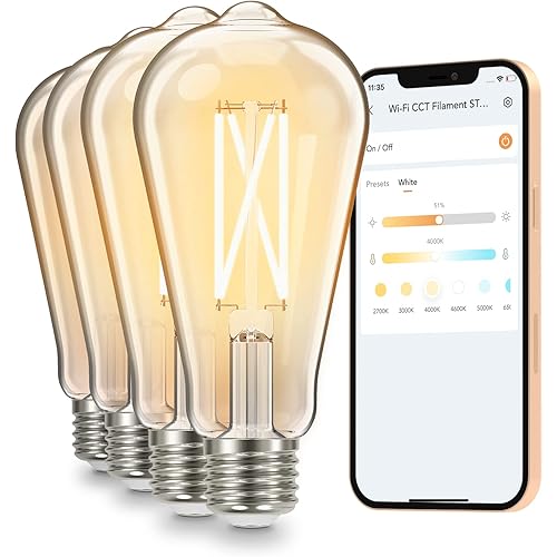mujoy Smart Edison Bulbs, 2700-6500K Tunable&Dimmable Amber Warm and Cool White WiFi E26 LED Edison Bulbs, 8W ST19 800lm 90+ CRI Vintage Filament Light Bulb, Compatible with Alexa、Google Home, 4Pack