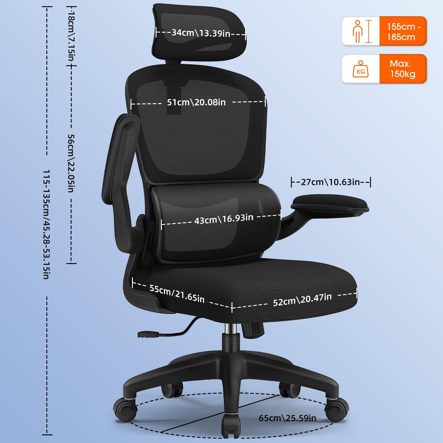 Bürostuhl, Bürostuhl Ergonomisch, Schreibtischstuhl mit Segmentierter Rückenlehne, Adaptiver Lendenstütze und 90°klappbaren Armlehnen, Schreibtischsessel Neigbar bis 135°, Office Chair