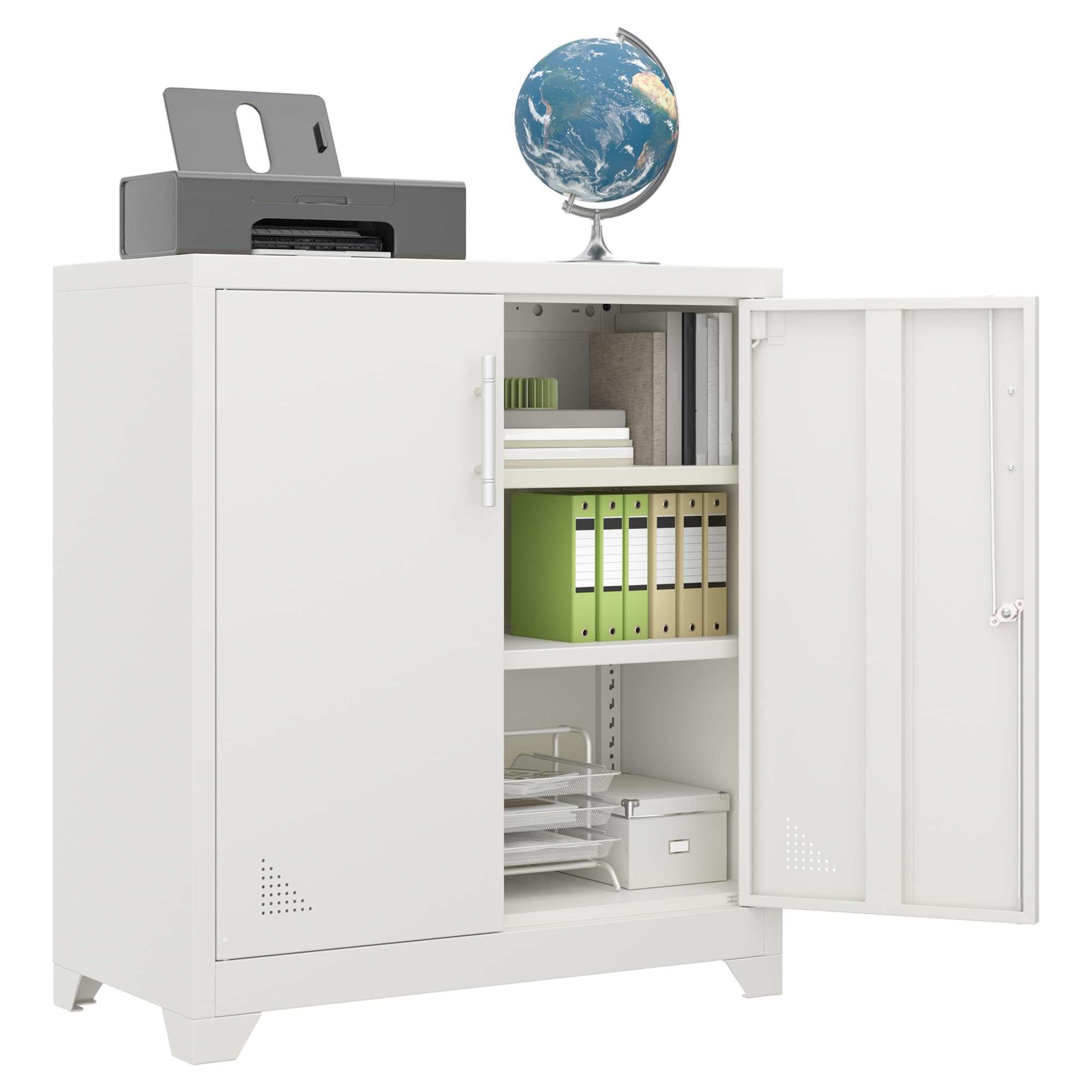 DWVO Office Storage Cabinet, Metal Office Storage Cupboard with 2 Adjustable Shelves, Lockable Filing Cabinets with Ventilation Holes for Home Office Garage Gym School, 80 x 40 x 90cm, White