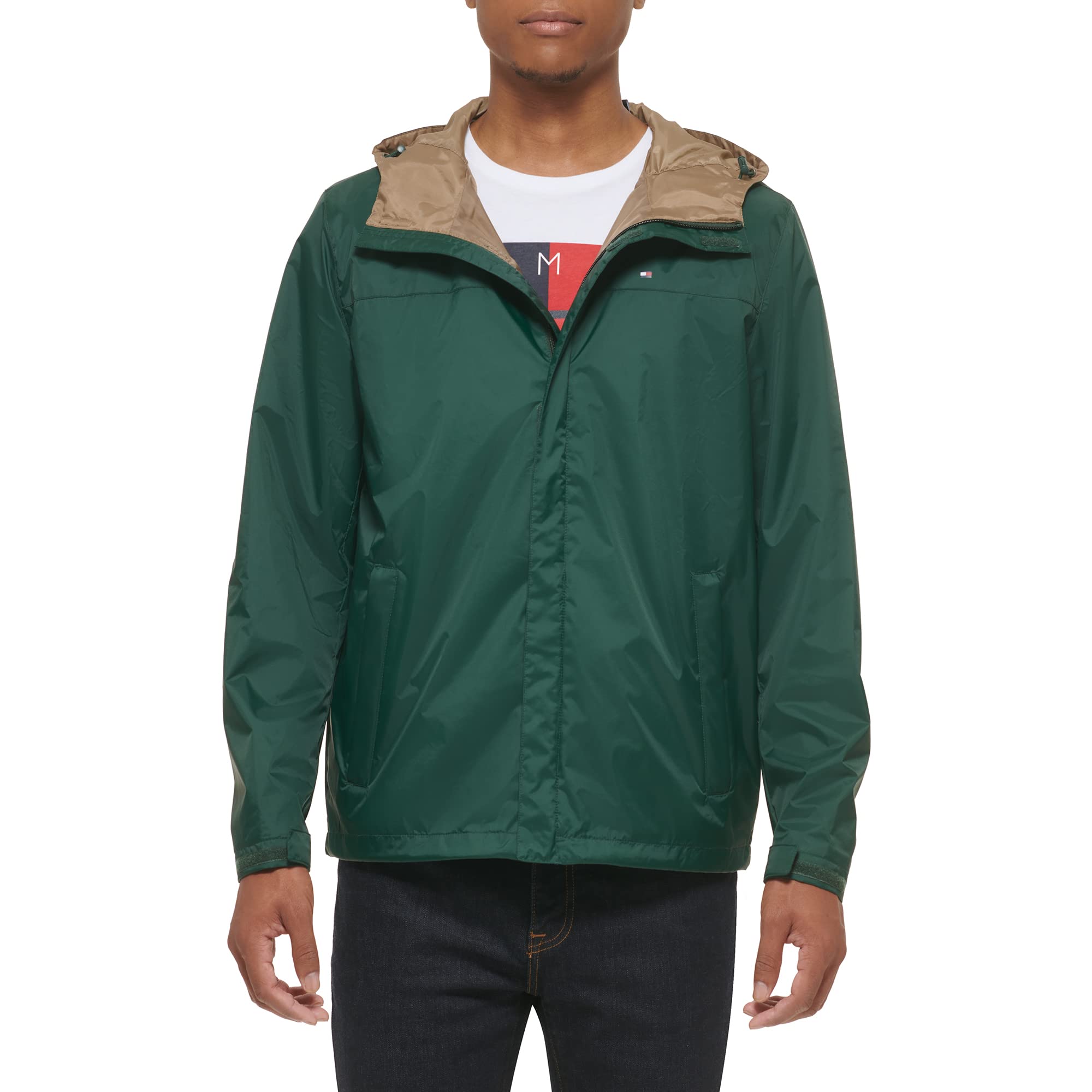 Tommy Hilfiger Men's Pine Green Lightweight Breathable Waterproof Hooded Rain Jacket, Xl