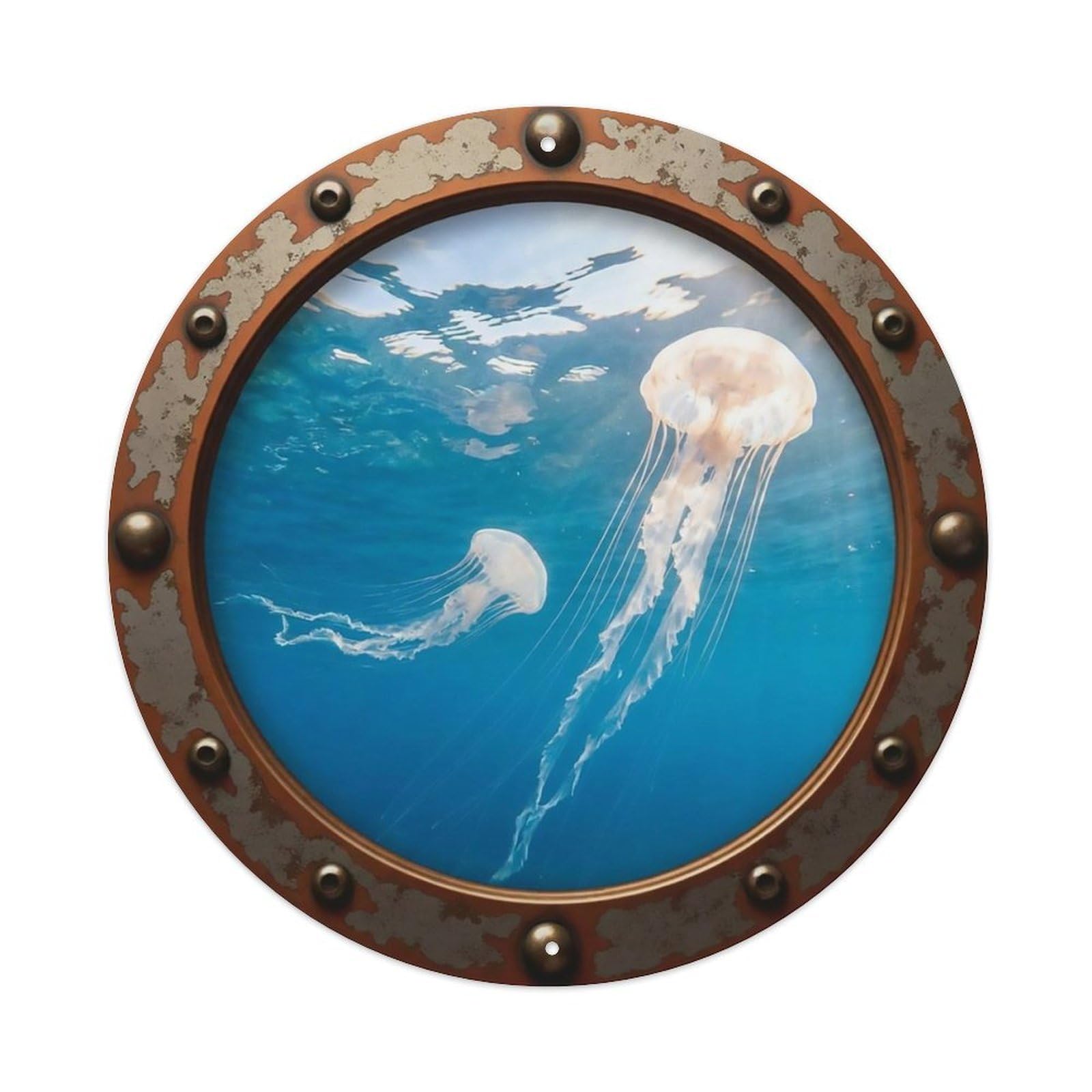 Vintage Porthole Jellyfish Bloom View Metal Tin Sign