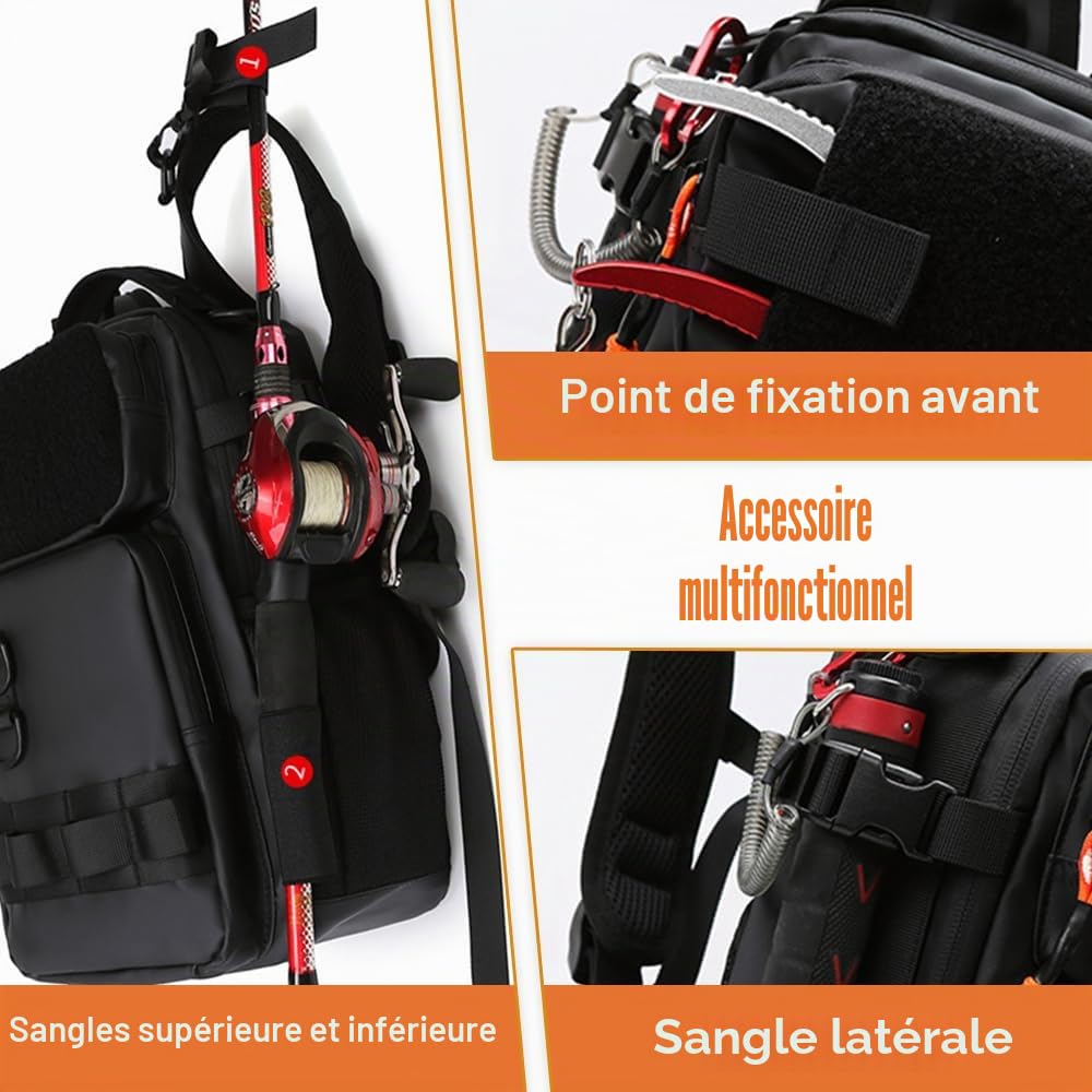MiOYOOW Sac à Dos de Pêche imperméable, Sacoche pour Poisson avec Support de Canne à Pêche, Sac de Pêche Portable en Bandoulière pour la Randonnée, Le Camping et Les Excursions