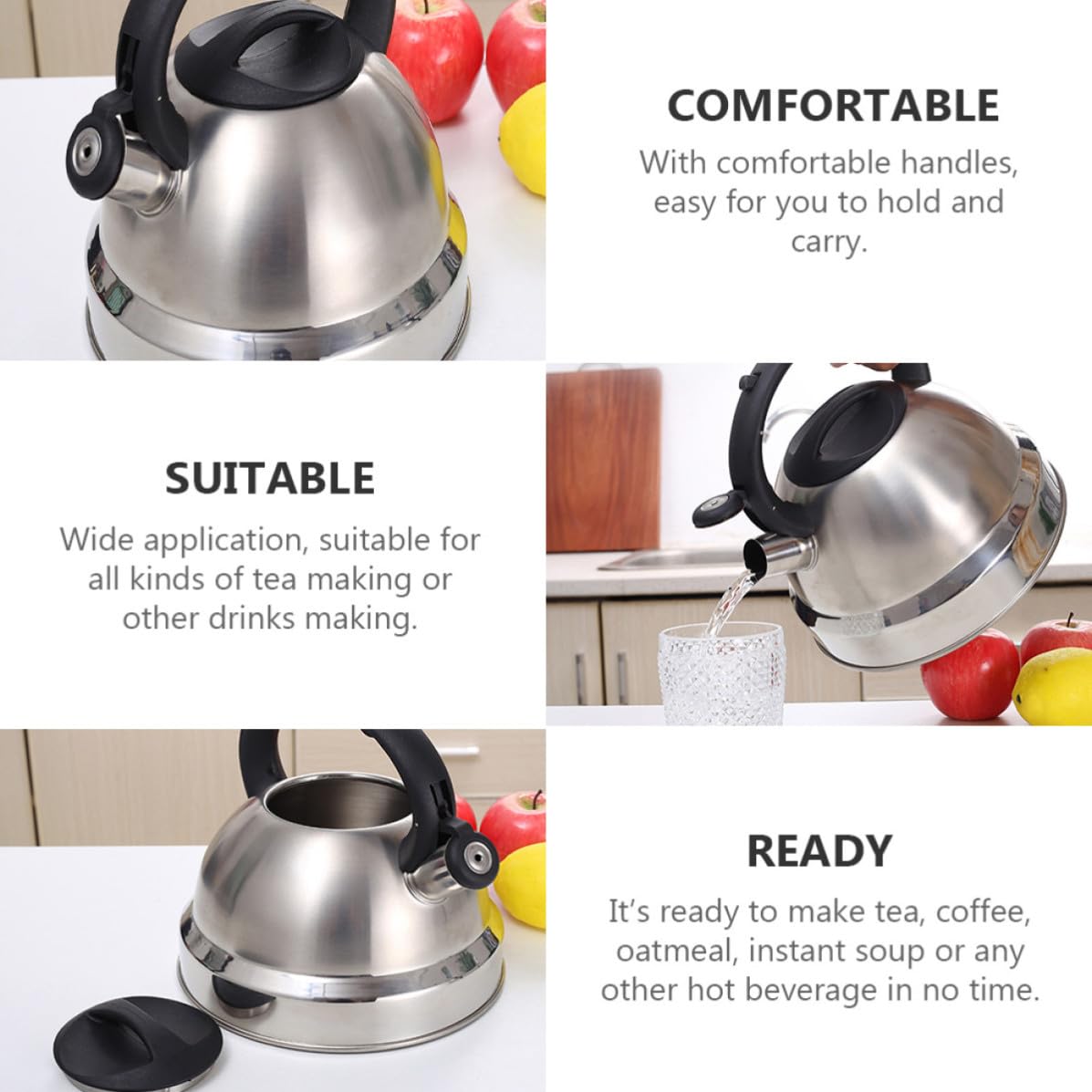Hervidor de Agua Silbante de Acero Inoxidable Capacidad de 3l, Mango Cómodo y Diseño Plata para Cocina de Inducción y Sopa Instantánea