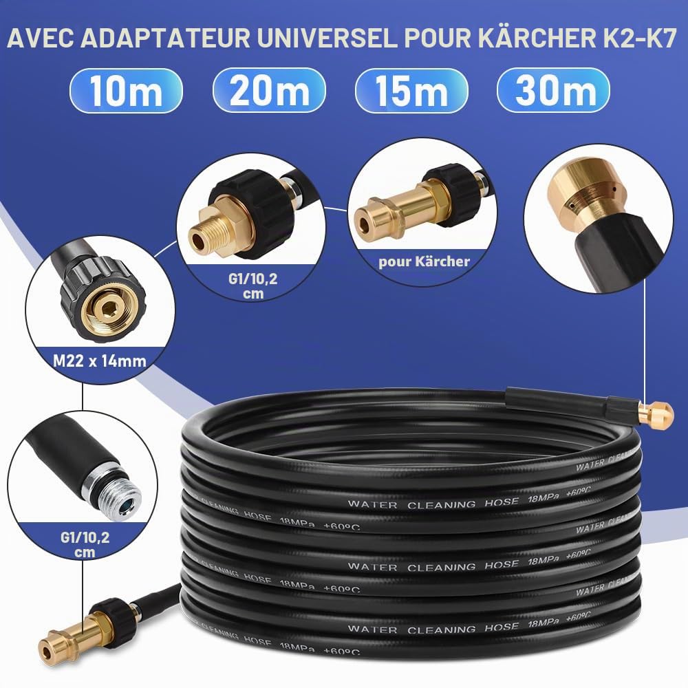 Kit de tuyau de nettoyage de canalisations 30 m pour K2 K3 K4 K5 K6 K7, 180 bar 60 °C, avec sac, buses rigides, déboucheur de canalisation, tuyau de vidange pour nettoyeur haute pression