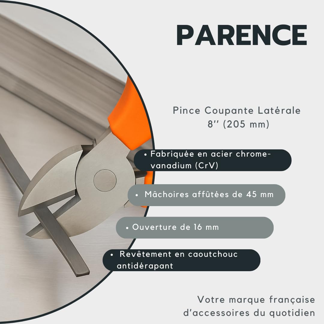 PARENCE.- Troncese laterali da 8'' (205 mm) - CrV cromo Acciaio Vanadio - Impugnature in gomma antiscivolo - Utensili domestici, elettricisti e riparazioni