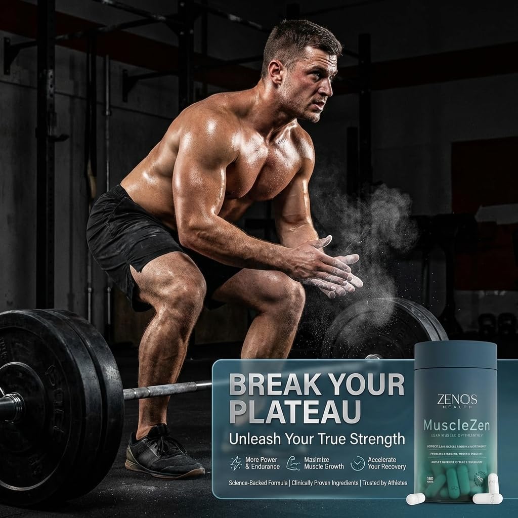 Zenos Health MuscleZen Muscle Builder for Men – ATP Supplements for Strength – Muscle Supplements for Super Recovery – Clear Muscle Support for Lean Muscle Growth - Made in USA, 180 Caps