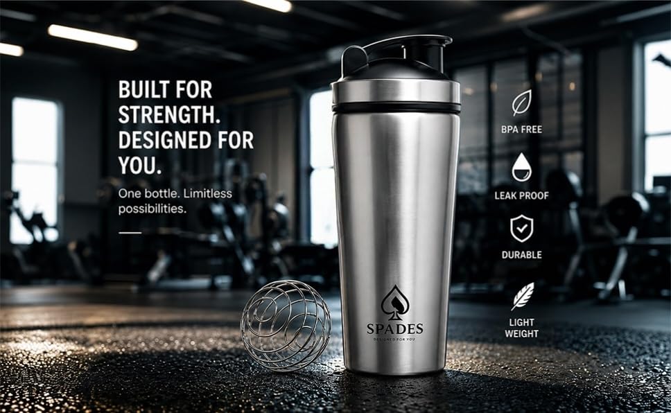 Image of SPADES Stainless Steel Gym Shaker Bottle 750ml with Mixing Ball | Leakproof Protein Shaker for Gym, Wide Mouth, Leckproof, Measurement Markings, Sipper Cap | Metal Shaker for Men,Women (Silver /P1)