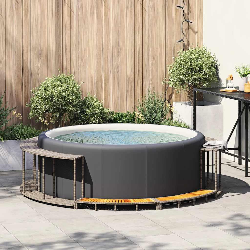Mangloder - Bordo per vasca idromassaggio con vano portaoggetti, in polyrattan grigio, scala in legno di acacia, accessorio per esterni per idromassaggio, vasca idromassaggio, piscina fuori terra, spa