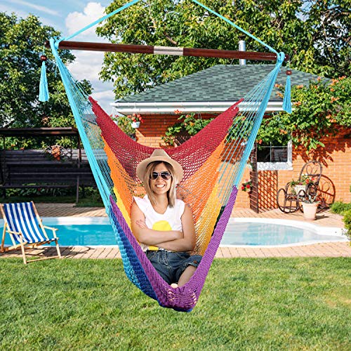 Bathonly Large Caribbean Hammock Hanging Chair, Durable Polyester Hanging Chair, Hanging Hammock Chair w/Foldable Spreader Bar for Indoor/Outdoor, Swing Chair - Thumbnail 3