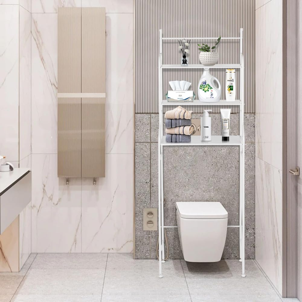 Supfine Scaffale WC a 3 ripiani, con gancio, per lavatrice sopra il WC o la lavatrice, ripiani regolabili, salvaspazio (bianco, 55 x 26 x 165 cm)