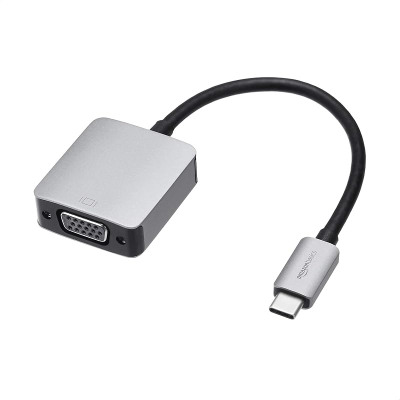 Amazon Basics USB-C to VGA Adapter, Aluminum Shell, Thunderbolt 3 Compatible, Plug-n-Play, 1080P, Gray, 1.65 x 1.38 x 0.63in