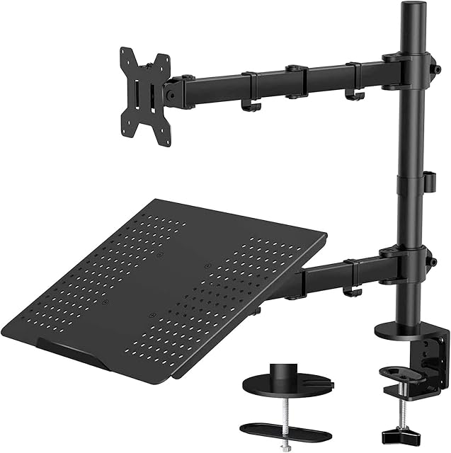 HUANUO Monitor Arm with Laptop Tray for 13 to 27 Inch Screen & up to 17 inch Notebook, Adjustable Monitor and Laptop Stand, Ergonomic Monitor Arm Desk Mount with Clamp, Grommet Fits VESA 75 / 100