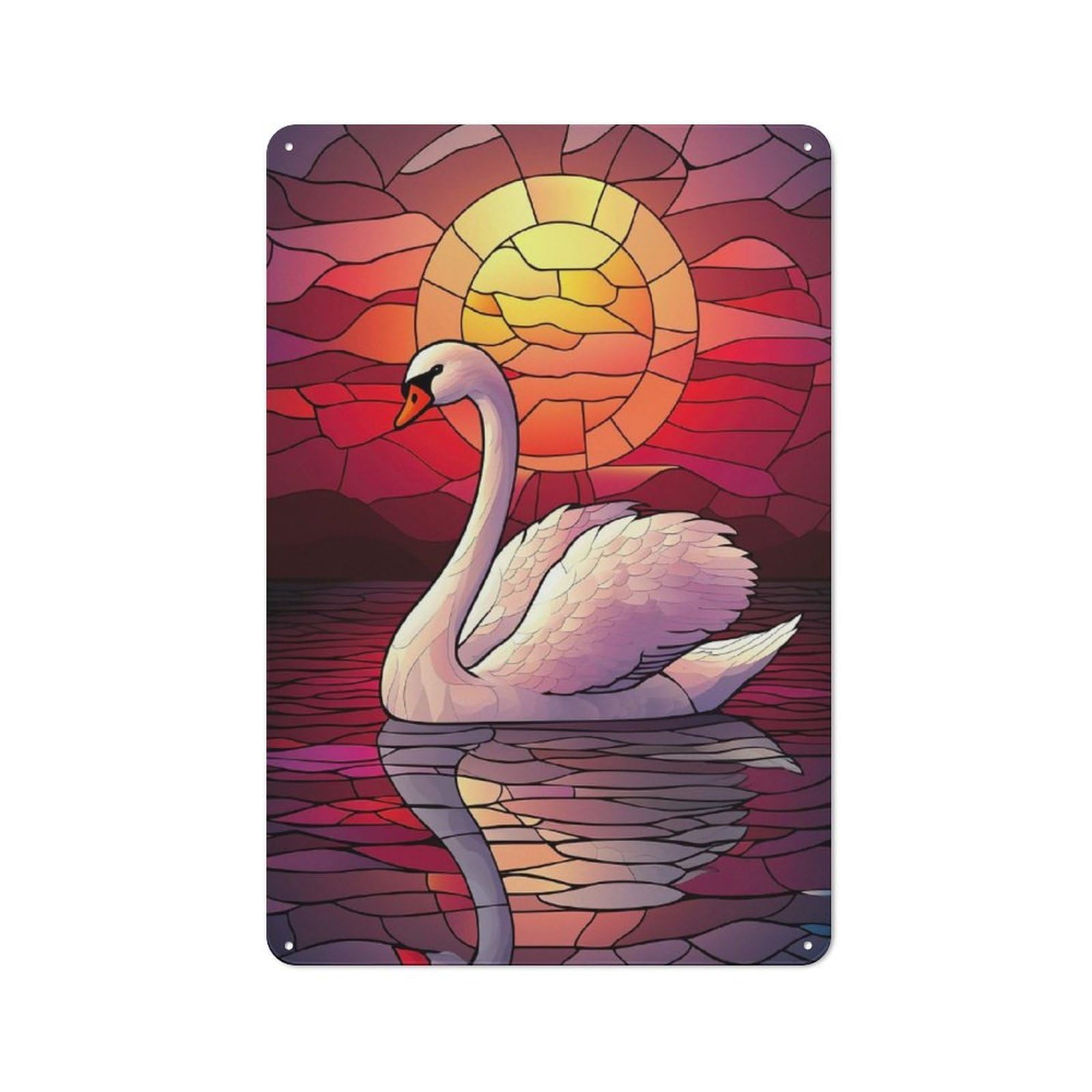 Junmoney Style-17 Metal Sign 30X20cm With Swan Sunset Stained Glass For Hallway Wall, Retro Decor, Gift For Hallway Decor Lovers During The Christmas Season