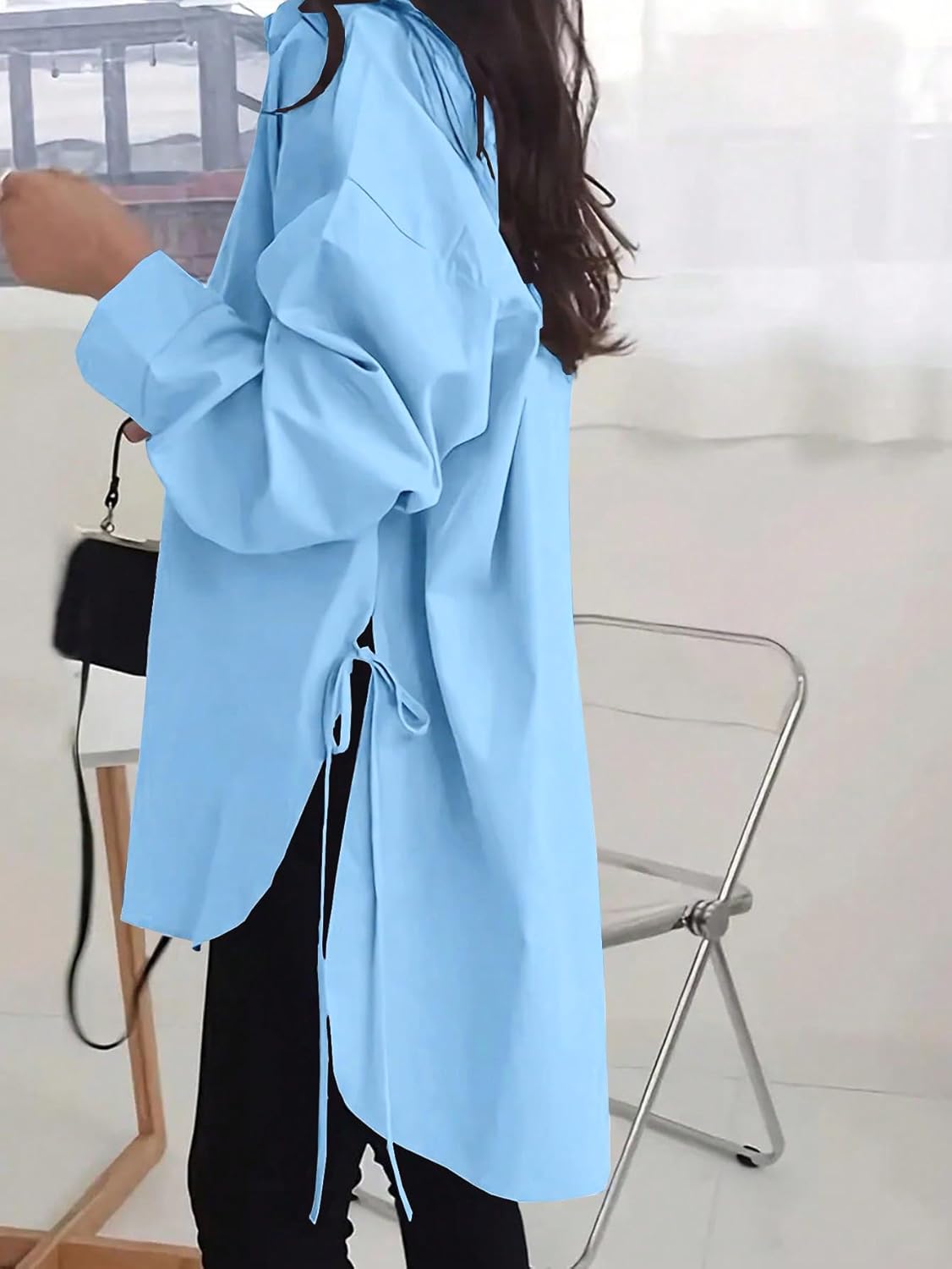 Oversized Button Down Shirts for Women Long Sleeve Boyfriend Shirt Dress Casual Collar Sexy Split High Low Blouse 100% Cotton - Image 2