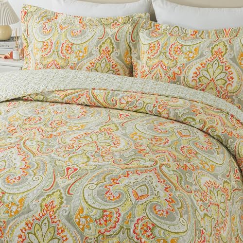 NEWLAKE Cotton Bedspread Quilt Sets-Reversible Patchwork Coverlet Set, European Beige Floral Pattern, Queen Size