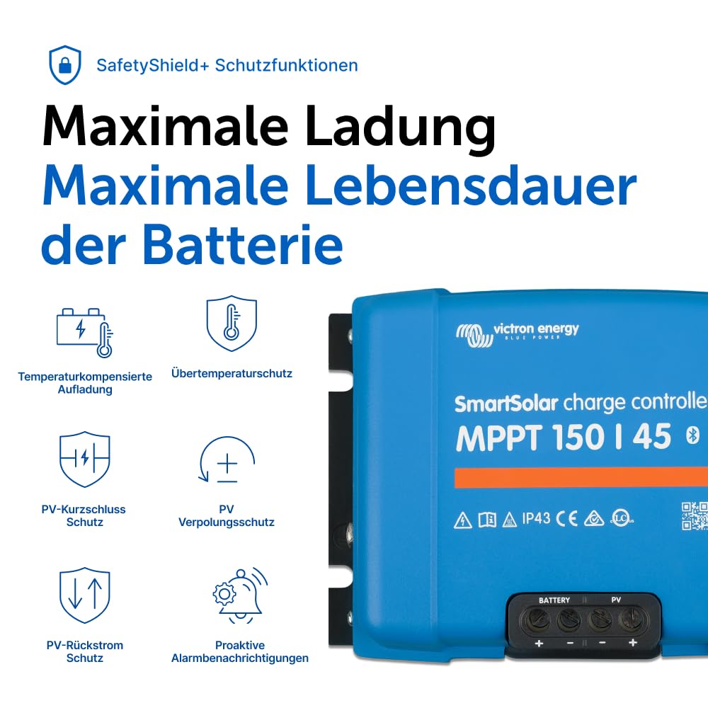 Victron Energy SmartSolar MPPT Laderegler - Solar Laderegler (Bluetooth) - 150V 45 Amp 12/24/36/48-Volt