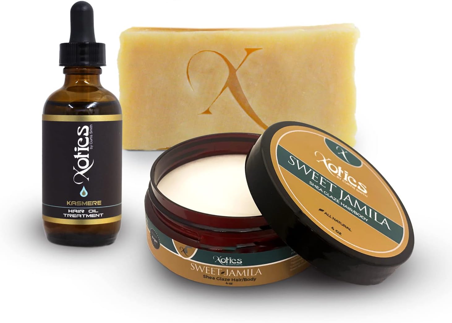 Xotics by Curtis Smith Shea Glaze, Hair Oil (Kasmere), and Soap