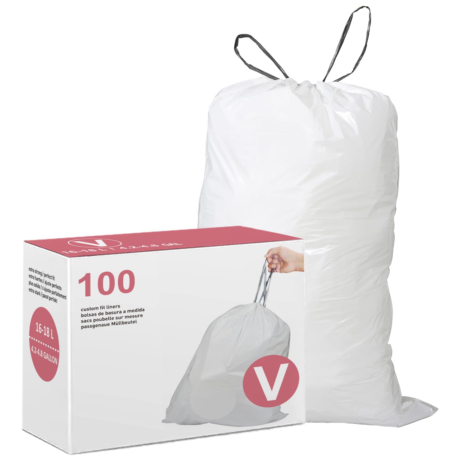 DisplayForeverDisplayForever Code V Drawstring Trash Bags Compatible with simplehuman Code V | 4.2-4.8 Gallon 16-18 Liter | 100 Count | 1.0 Mil | Heavy Duty White Custom Fit Garbage Liners (Pack of 1)