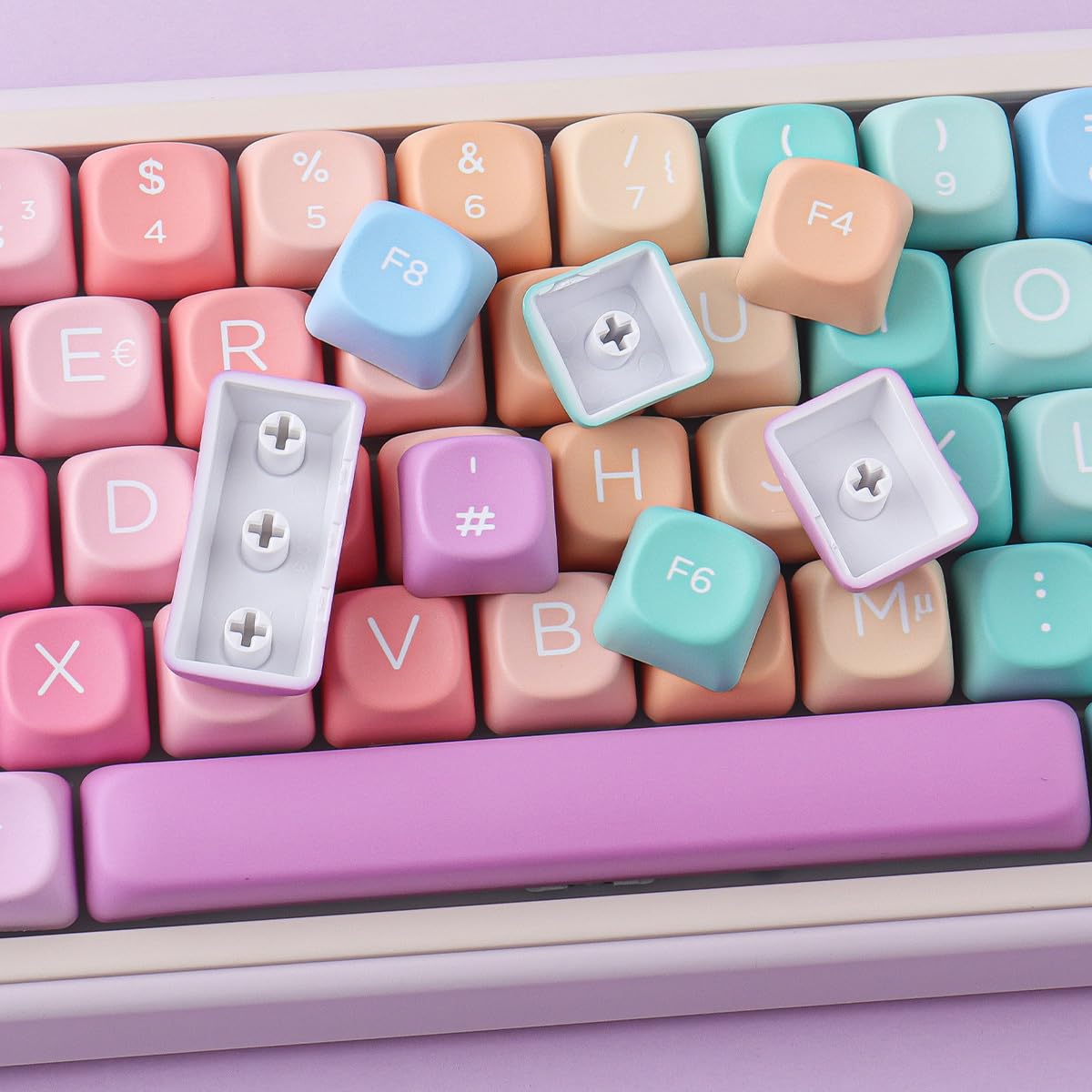 Sunzit MOA Keycaps, 132 Tasten PBT ISO DE Keycaps Niedliches Regenbogen Bonbon Set mit individuellen Tastenkappen für Cherry MX-Schalter ISO DE Layout Mechanische Gaming Tastatur(DE Layout)