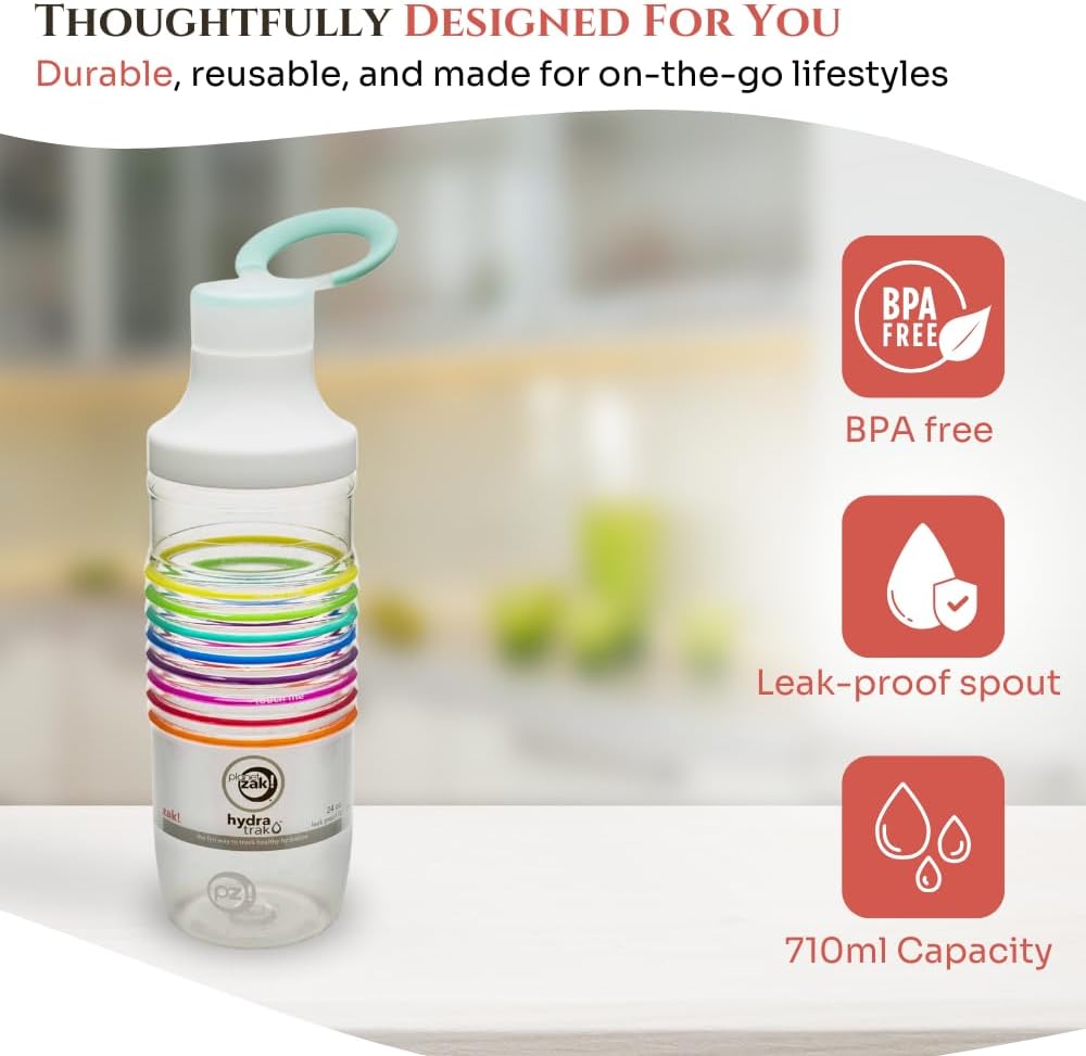Zak Designs HydraTrak 24oz Water Bottle with Spill-proof Gulp Lid - Track Water Consumption, Clear-Rainbow