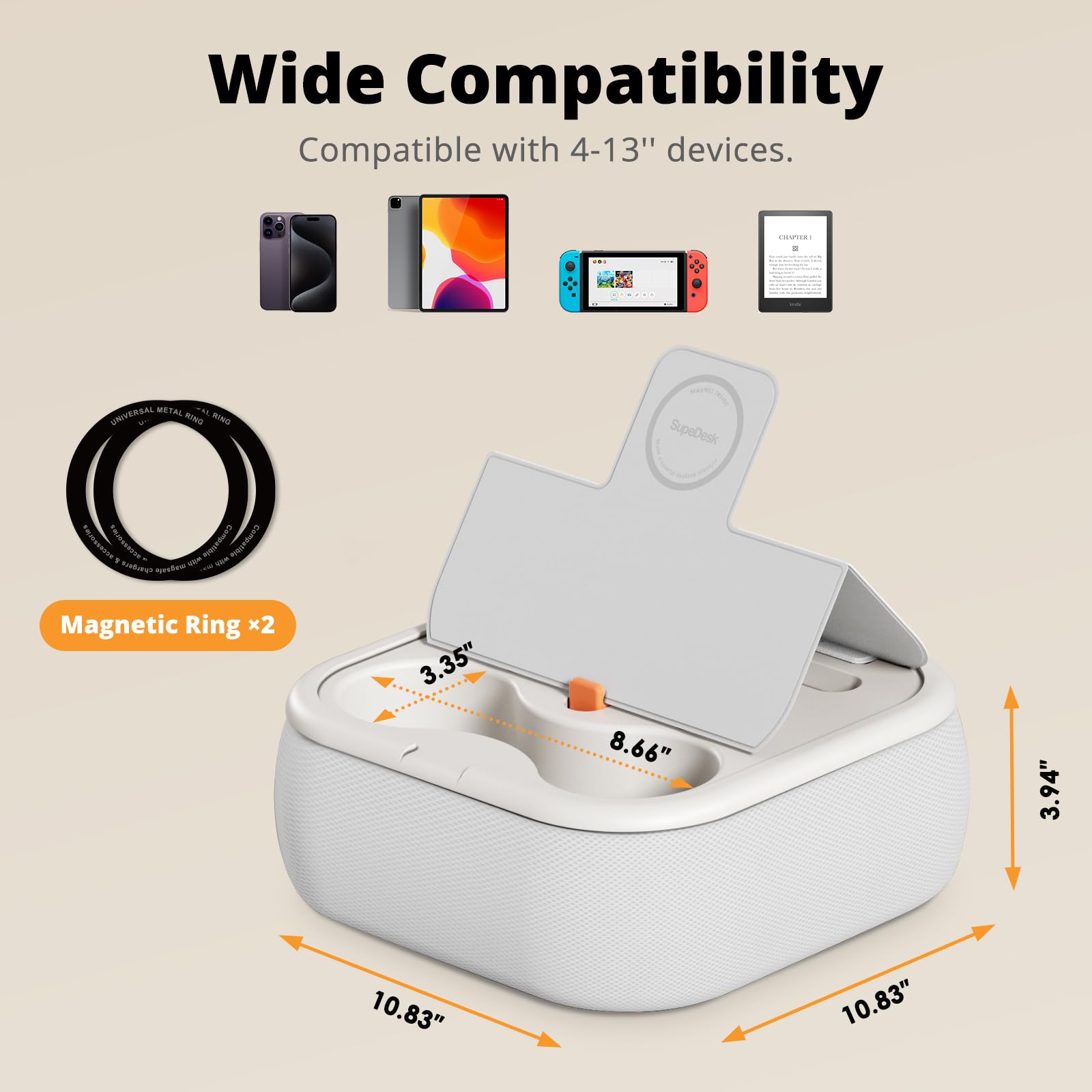 SupeDesk Support magnétique pour tablette/Kindle avec deux anneaux magnétiques, compatible avec les téléphones, tablettes, Kindle de 4 à 13", coussin confortable avec bol pour les genoux, le bureau,