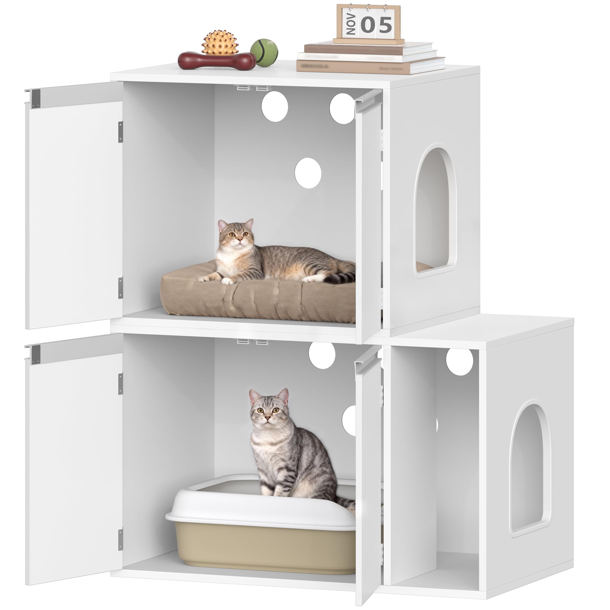 Hzuaneri Mueble para Arena de Gato Oculto, Casa para Dos Gatos de Dos Pisos, Arenero y Caseta de Madera Multifuncional Sirve como Soporte TV, 140x48.3x48 cm, Blanco, CB65603X