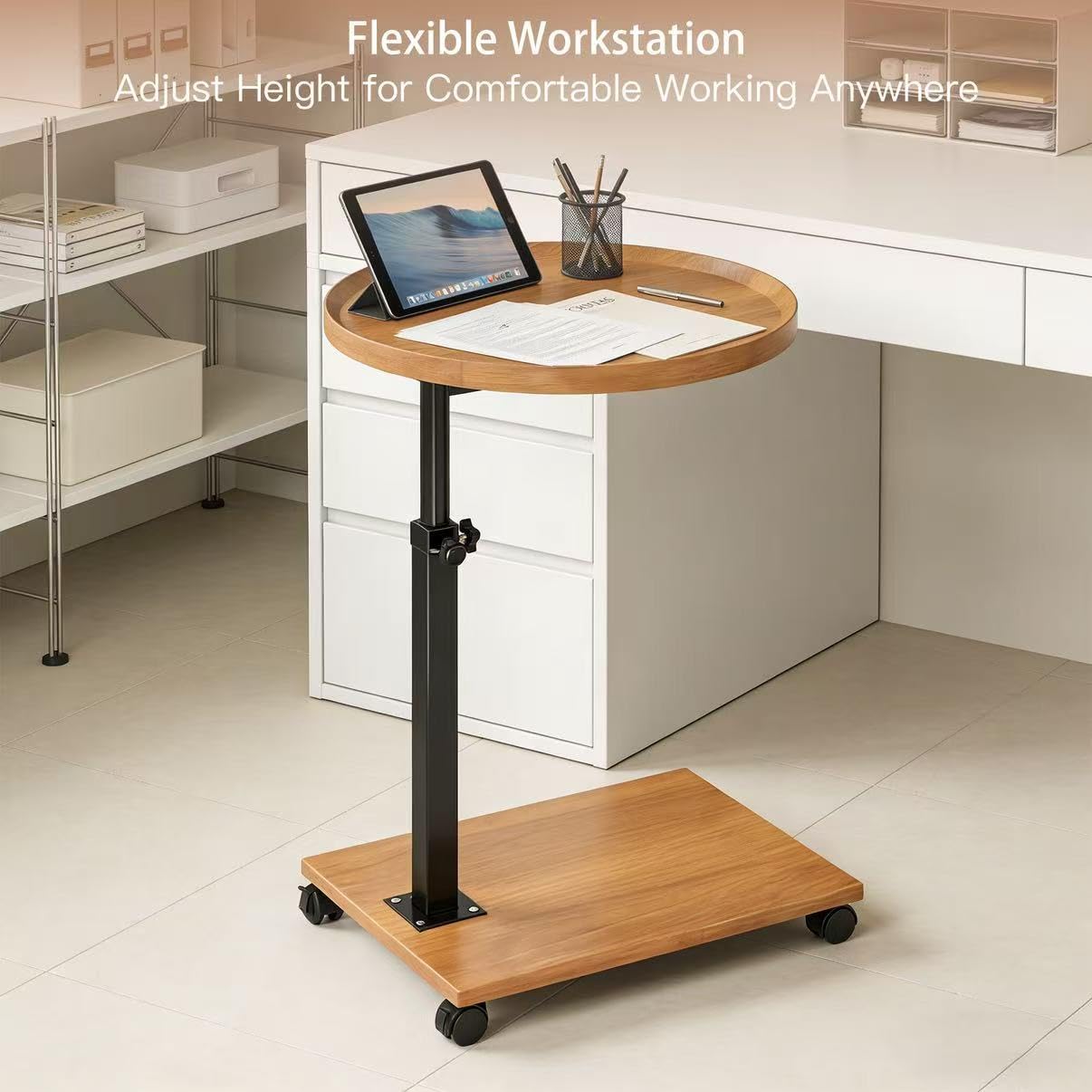 Mesa auxiliar con ruedas, mesa auxiliar regulable en altura y ruedas (45-80 cm) en forma de C de madera con ruedas giratorias de 360°, pequeña mesa de centro para salón, sofá y cama (color