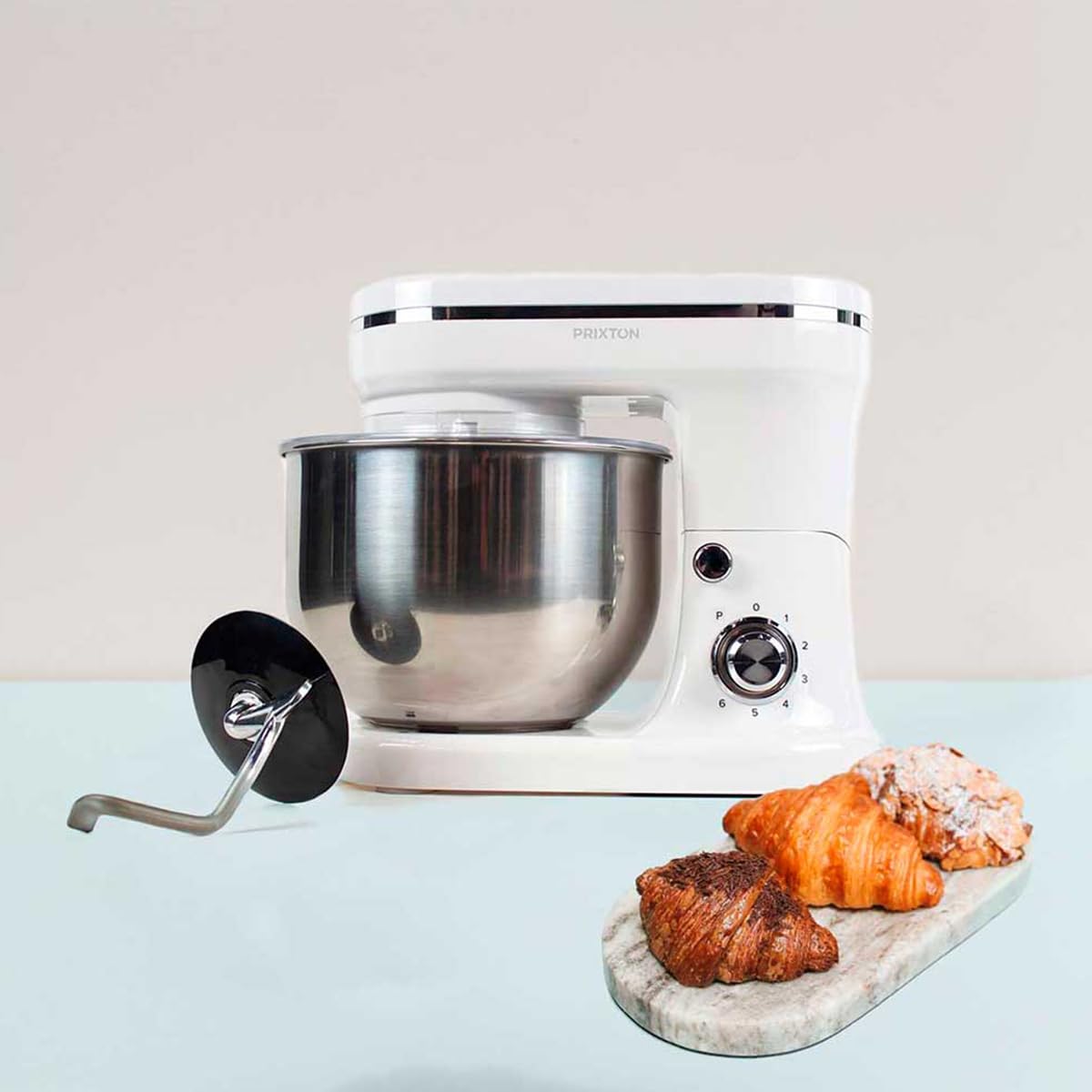 PRIXTON Batidora Amasadora KR200 para Repostería, Potencia 1200W, 6 Velocidades, Bol Acero Inoxidable de 5 litros, 3 accesorios, Tapa Transparente, Color Blanco