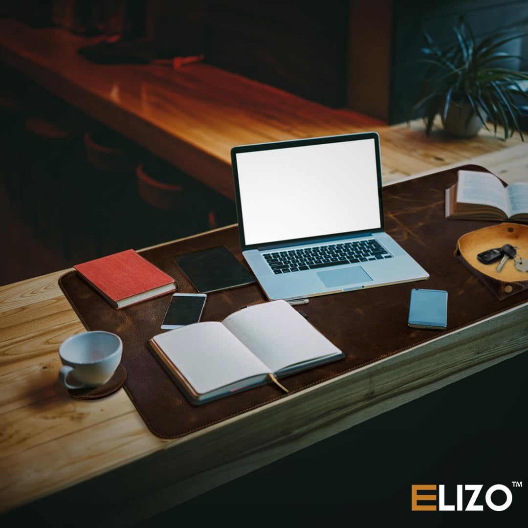 ELIZO Leather Desk Pad Real Leather Desk Mat Thick (3mm) Double Layer (31x15.6) Cover Blotter Desk Protector Large Computer Mat for Keyboard Mouse Pad Table Laptop Mat Office Accessories - Pecan