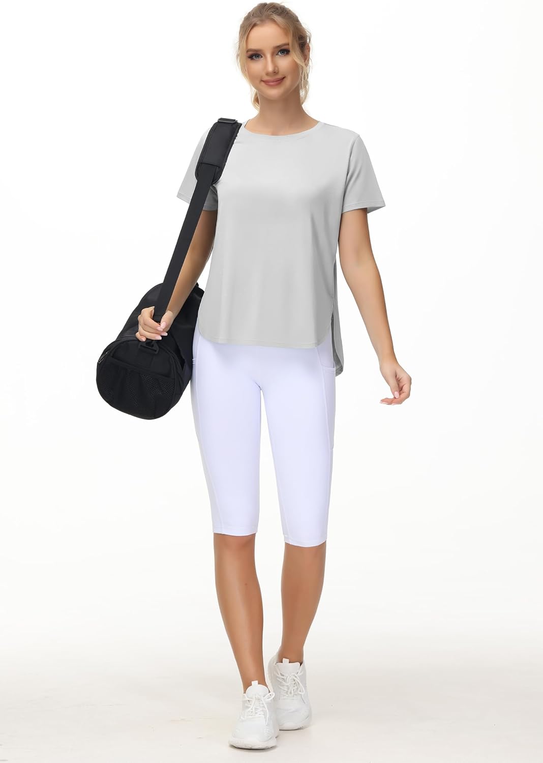 THE GYM PEOPLE Women's Workout T-Shirts Loose Fit Short Sleeve Cotton Running Basic Tee Tops with Split Hem - Image 3