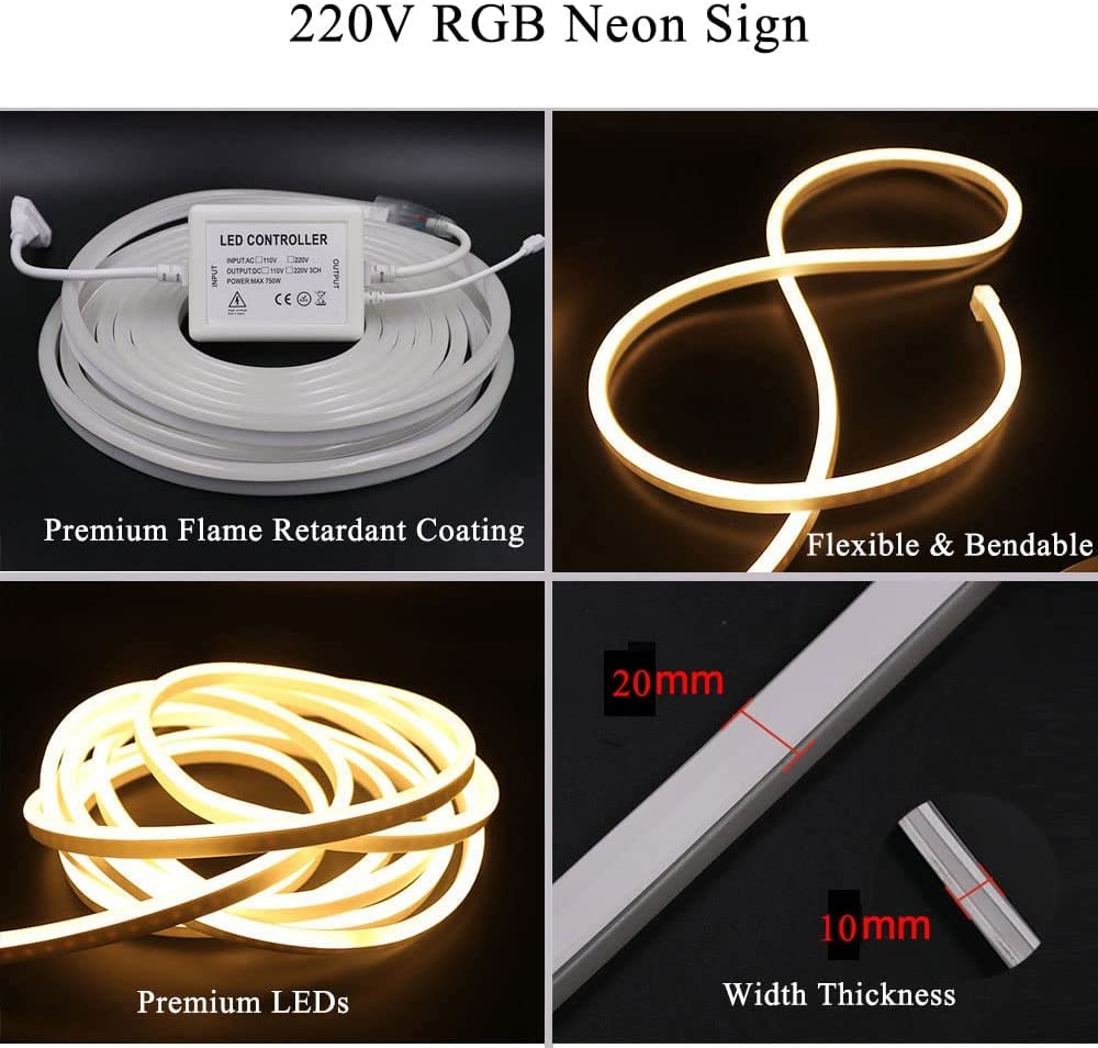 KISUFU 220V Striscia LED RGB Neon 15m,SMD 5050 60 LED/m Luce al Neon Striscia LED RGB con Telecomando a 24 tasti,Nastri LED Flessibile IP65 Multicolore Luce Striscia LED Neon per Camera da letto,Bar