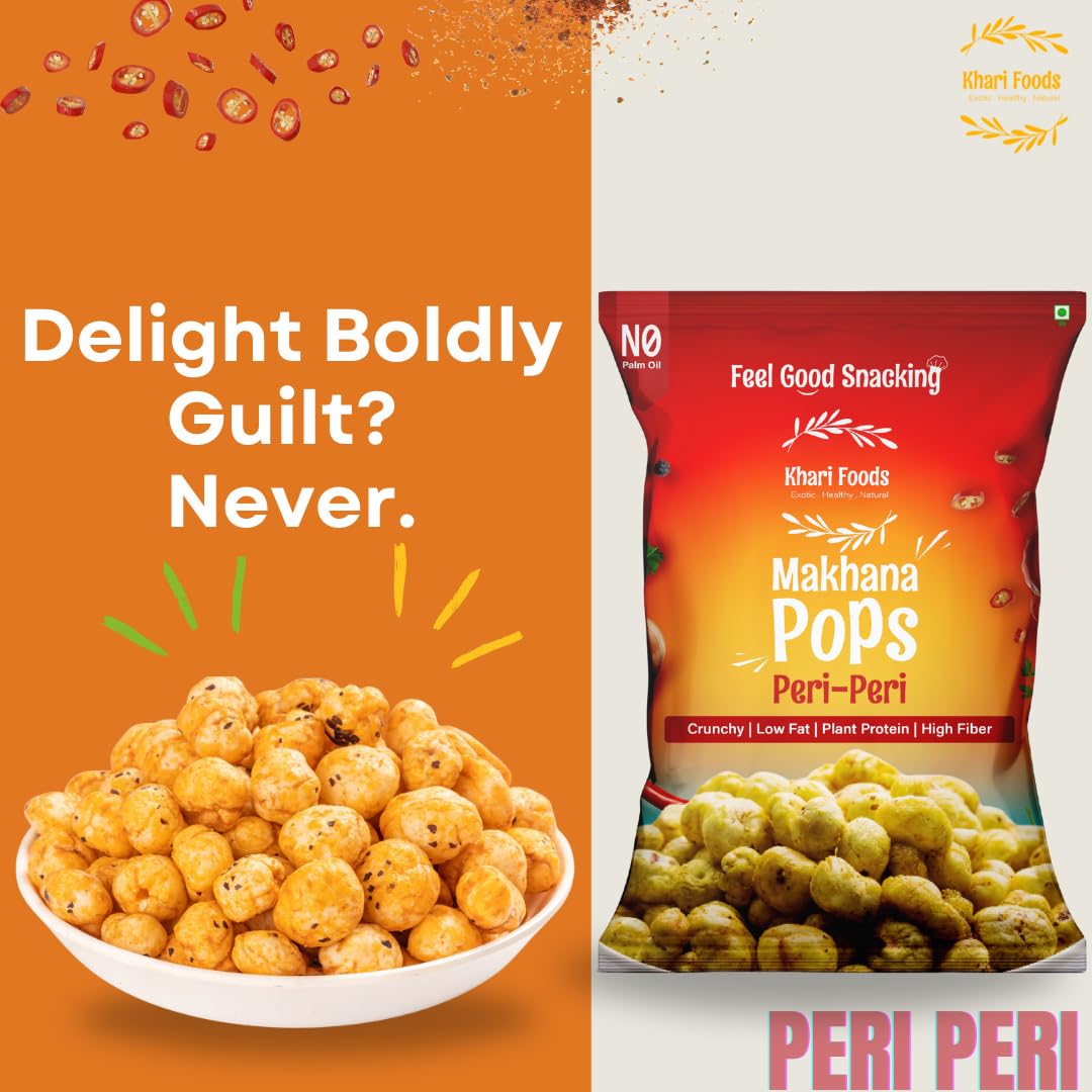 Khari Foods Premium Flavoured Makhana 25g, Crunchy & Roasted Makhana Pops, Protein Source, Fibre Rich, No Palm Oil, Gluten Free (Peri Peri Pack 4) 3