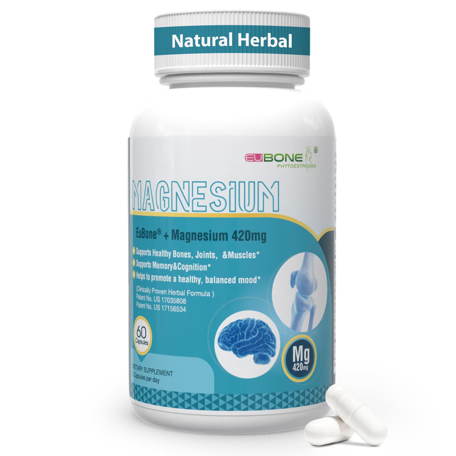 Magnesium Oxide and Glycinate Extra Strength 420mg, High Absorption Magnesium Supplement with EuBone and Manganese, Support Muscle, Joint & Bone Health, Improve Mood & Cognitive, 60 Capsules free 60 Count (Pack of 1)