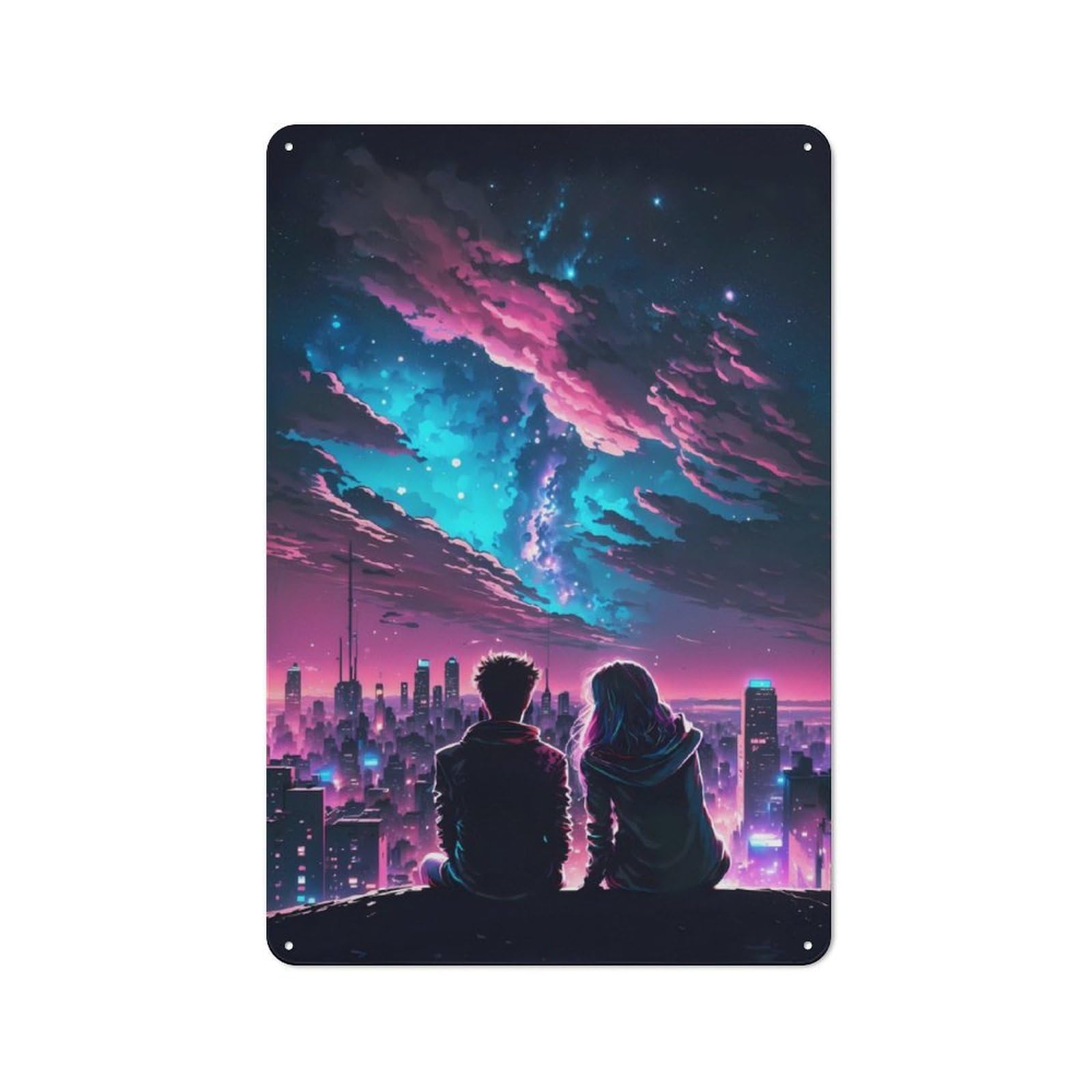 Junmoney Couple Silhouettes Night Cityscape Metal Plaque 30X20cm With For Workshop Wall, Retro Decor, For Garage, Workshop And Man Cave Decoration