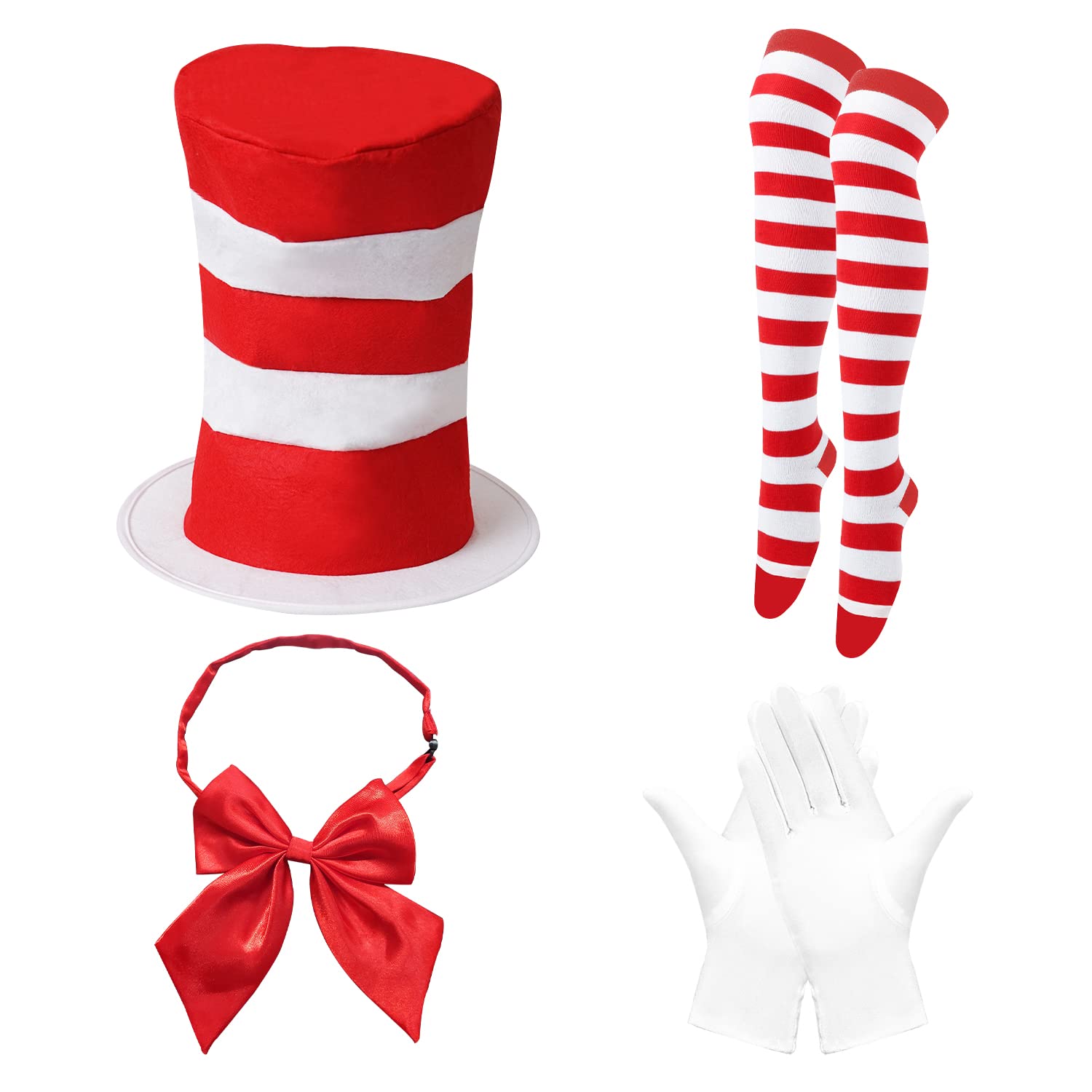 JolbndcvTop Hat Costume Set Cat Costume Kit Red White Top Hat Headband Gloves Bow Tie for Adult Halloween Costume
