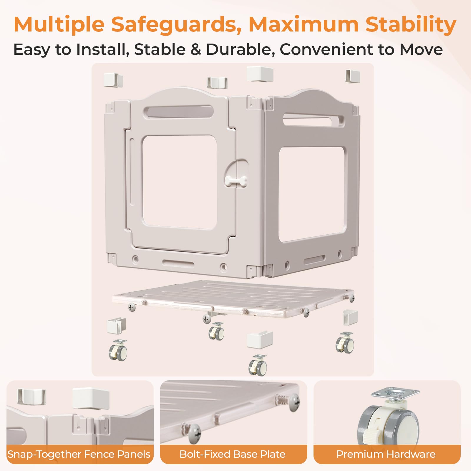 MAMIZO Parque para Perros Acrílico 63 × 68 cm, Recinto Perros con Ruedas | 3+1 PCS Paneles Caja de Parto para Animales con Alfombra Impermeable y Base, Gris Cálido