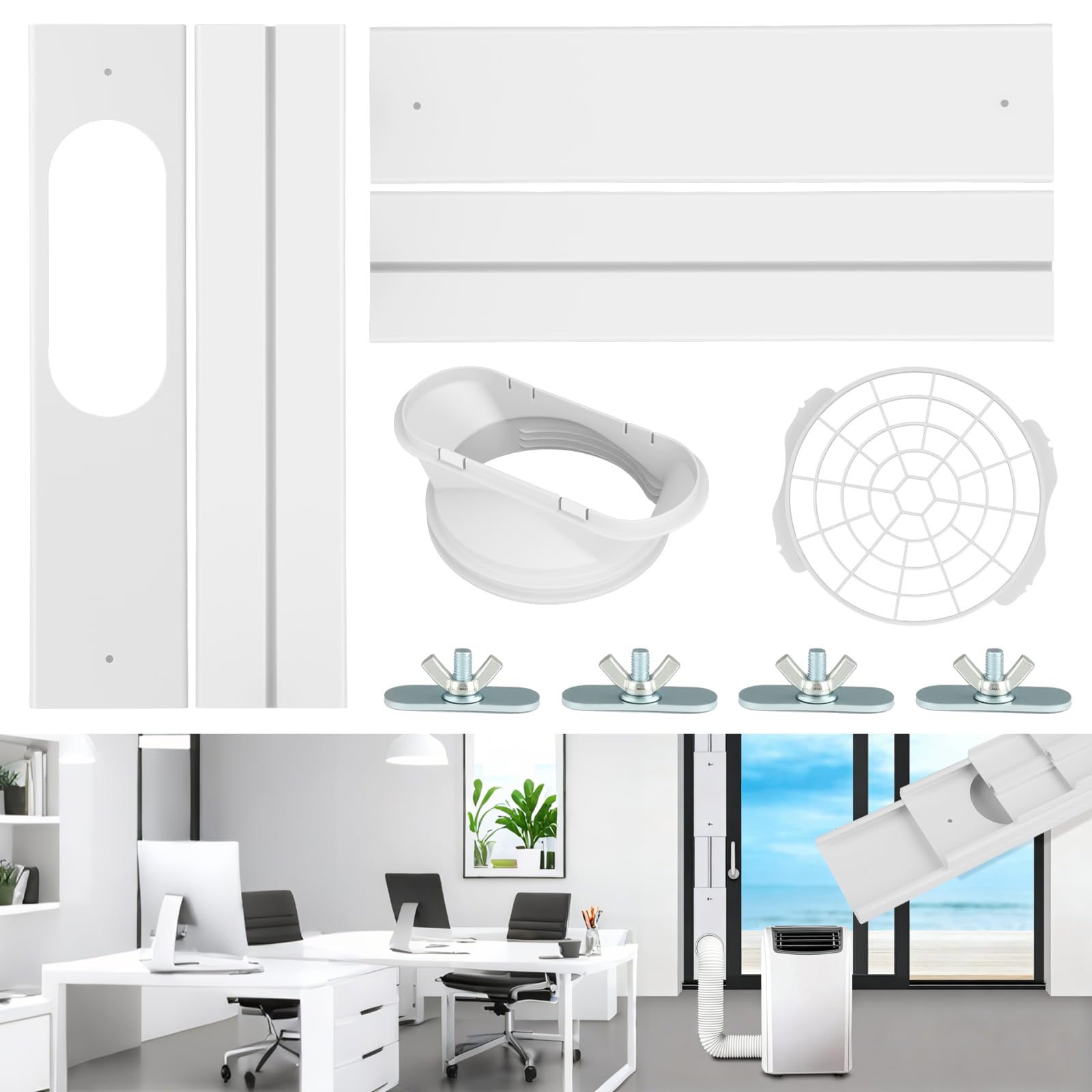 Kit de Plaque Fenêtre Climatiseur Mobile, 4 Plaques d'Étanchéité Fenêtre Télescopiques pour Climatiseur Portable, Calfeutrage Coulissante avec Adaptateur de Tuyau, Kit de Fenêtre pour Climatiseur