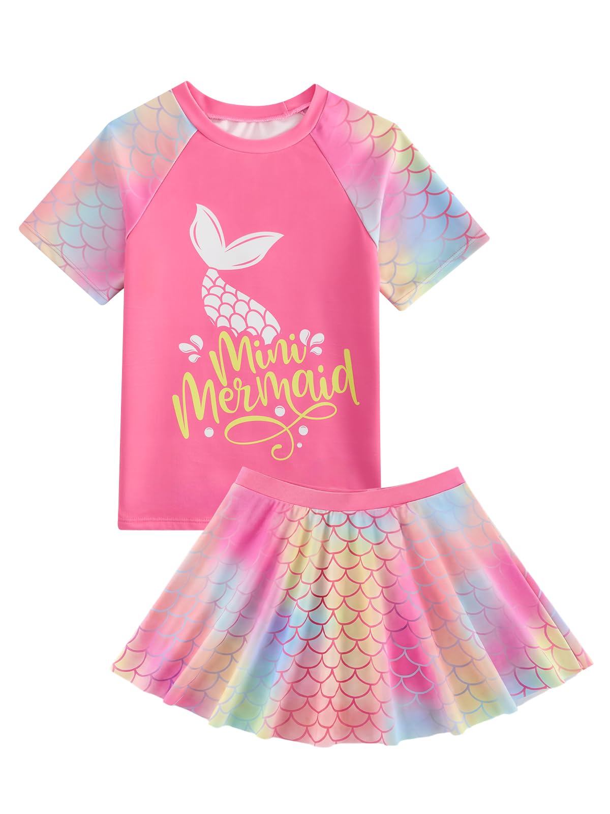 JiAmy Mädchen Badeanzug 2 Teilig, Kurzarm Schwimmshirt mit Rock Badeshorts UV Schutz Badebekleidung Kinder Mädchen Schwimmanzug Bademode 3-8 Jahren, Gr.98/122