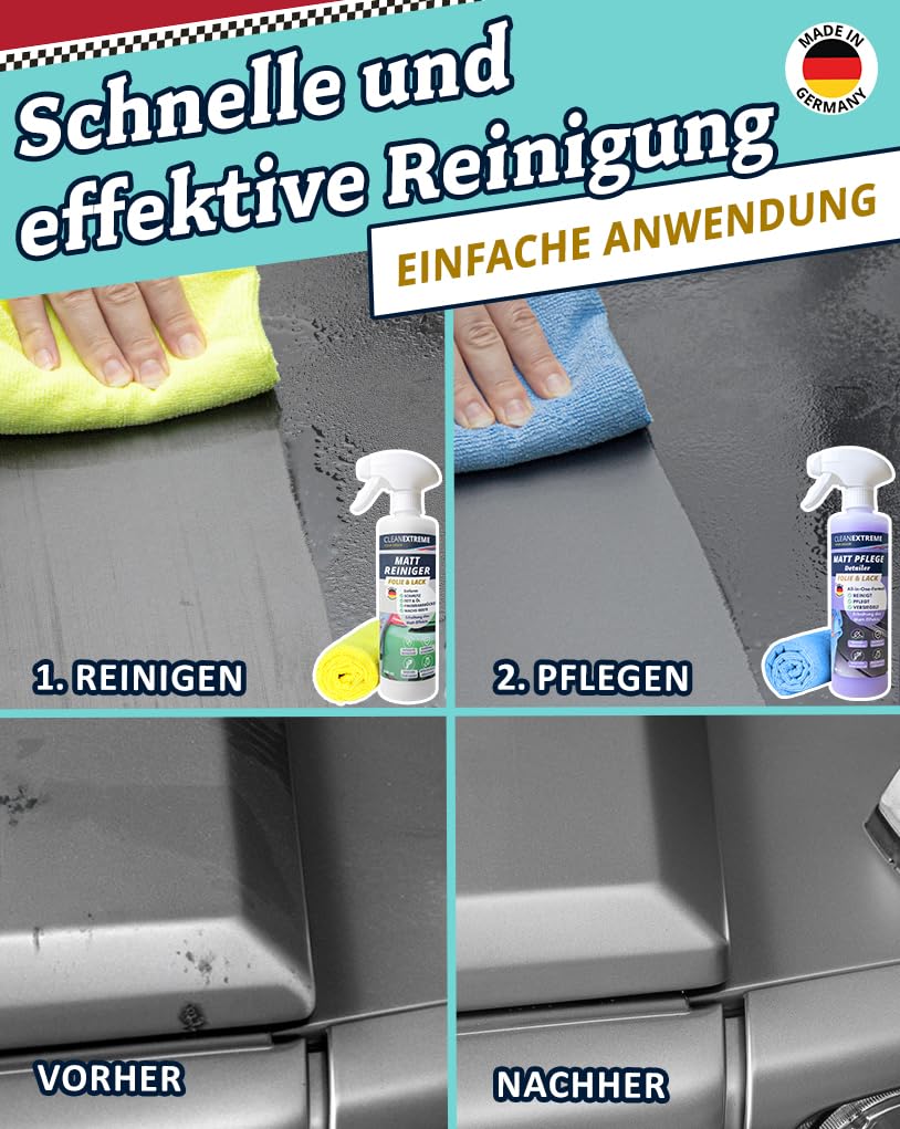 500ml Auto Mattlack Pflege + 500ml Mattlack Intensiv Reiniger + 2 Mikrofasertücher | Finish Set | Zum Reinigen Pflegen Versiegeln von Autolack matt & Matt-Folie
