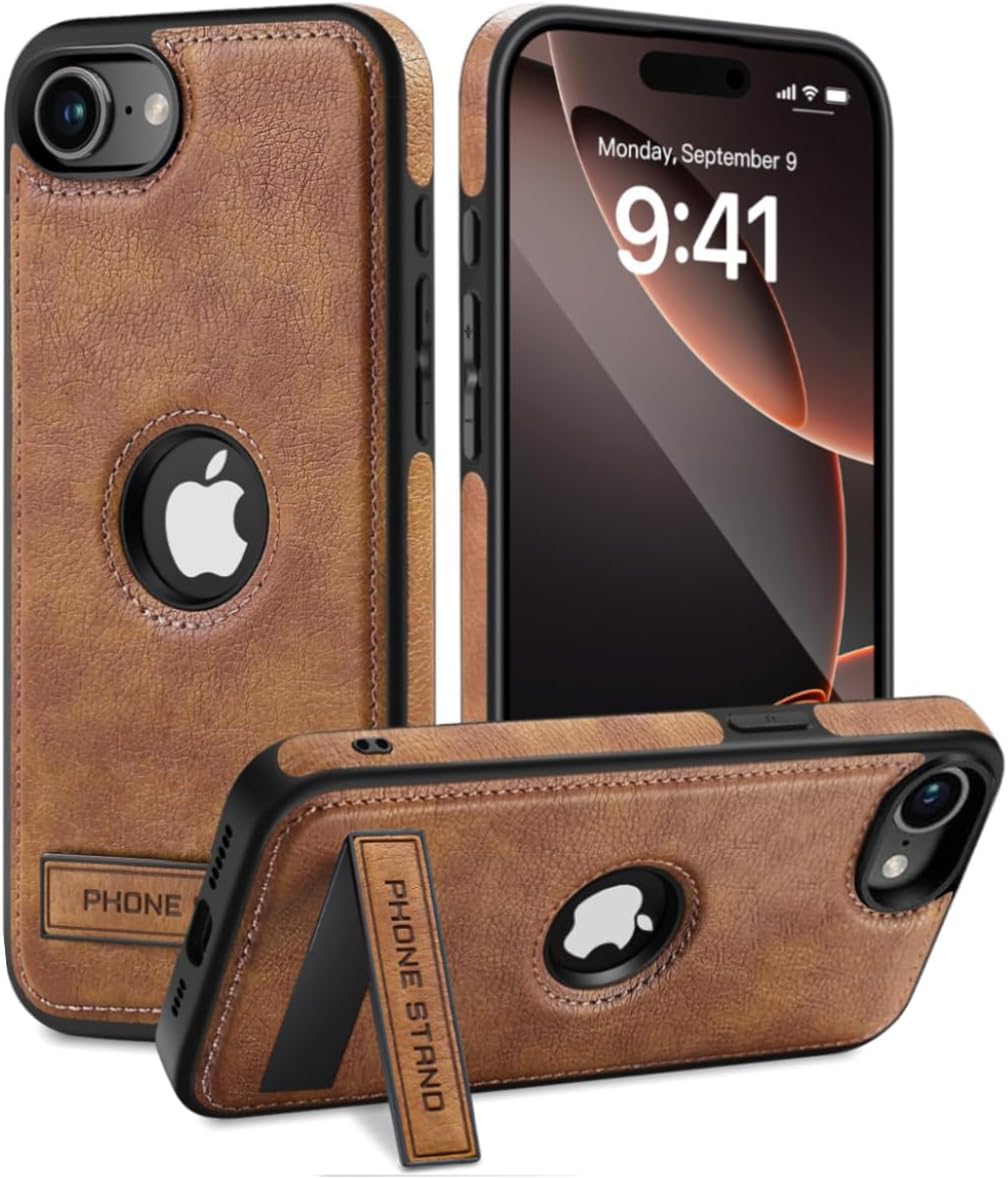 for iPhone 16E Leather Case with Hidden Alloy Stand, Logo View Vintage Leather Protective Kickstand Phone Cover 2025 6.1 Inch (Brown)