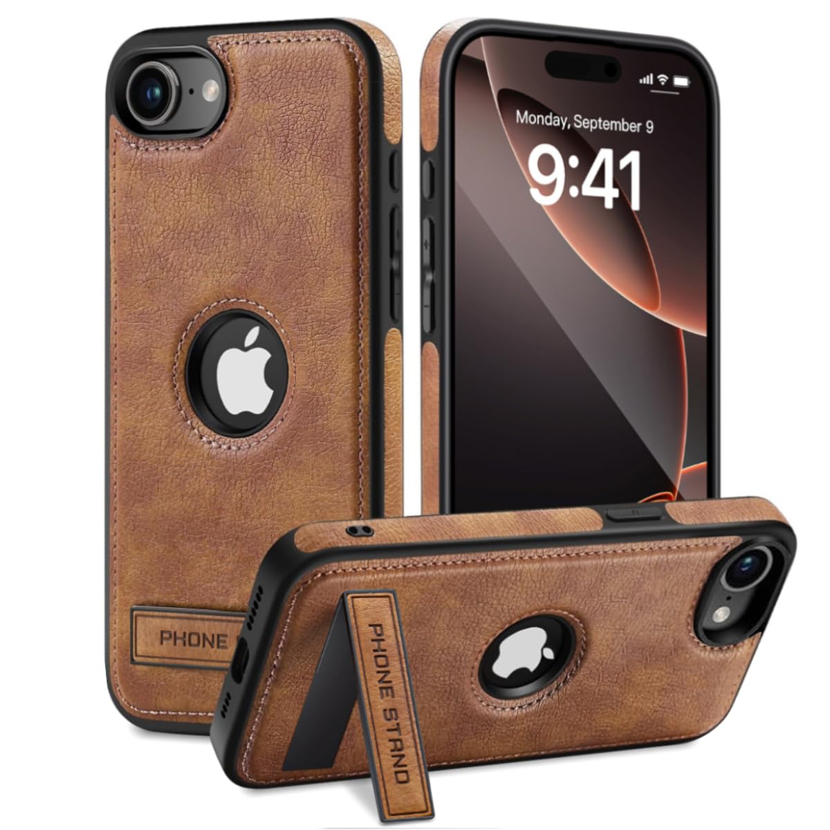 DOGODON Compatible with iPhone 16E Leather Case, Built-in Invisible Stand Slim Logo View Protective Kickstand Cover (2025) 6.1 Inch (Brown)