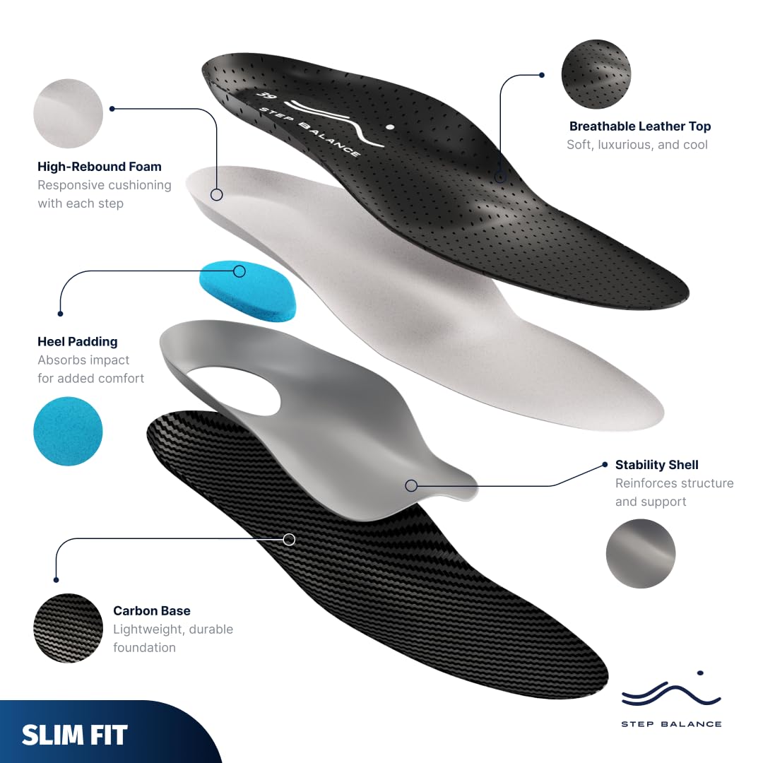 Plantillas Ultra Finas 3 mm con Soporte de Arco – Alivio Fascitis Plantar y Dolor de Pies – Piel Natural Premium – Zapatos de Vestir y Calzado Formal – Hombre y Mujer – Talla EU 44