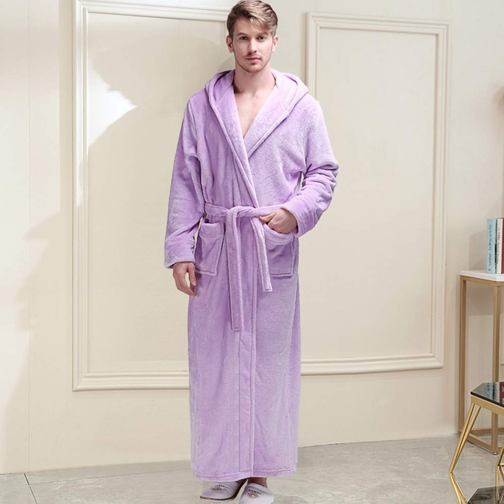 Peignoir d'hiver,À La Mode Hommes D’Hiver Hooded Extra Long Warm Bathrobe Luxe Épais Flanelle Pyjamas Doux Couple Sexy Couple Confortable Light Purple Elegant Party