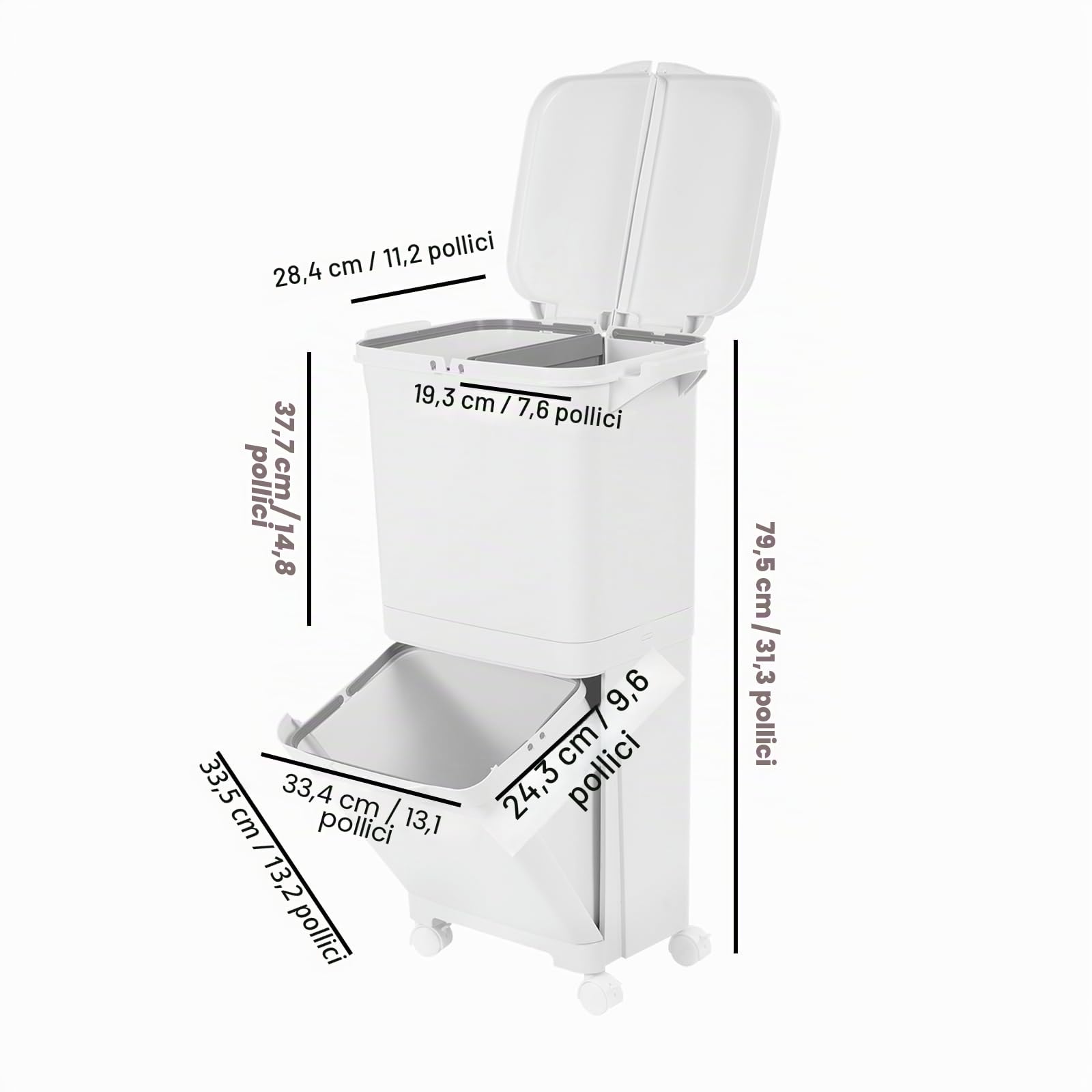 Pattumiera Differenziata 45L Cucina con Ruote Doppio Contenitore | Secchio verticale per smistamento, coperchio richiudibile, pattumiera da cucina e ufficio, secca e naso